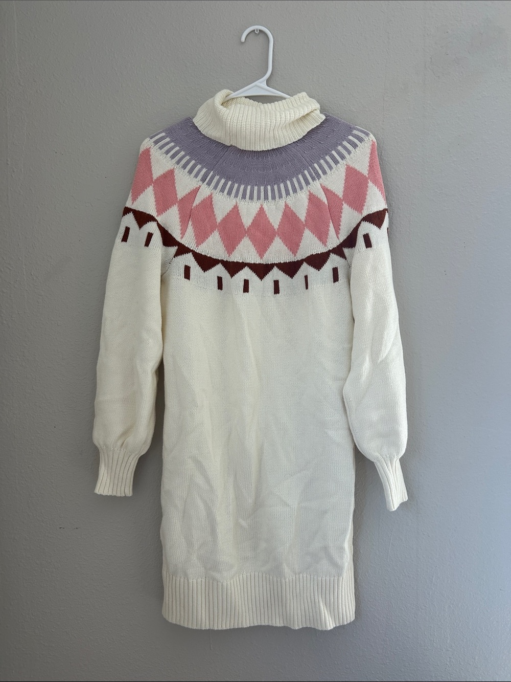 Cream Turtleneck Sweater Dress with Pink & Lavender Fair Isle Yoke